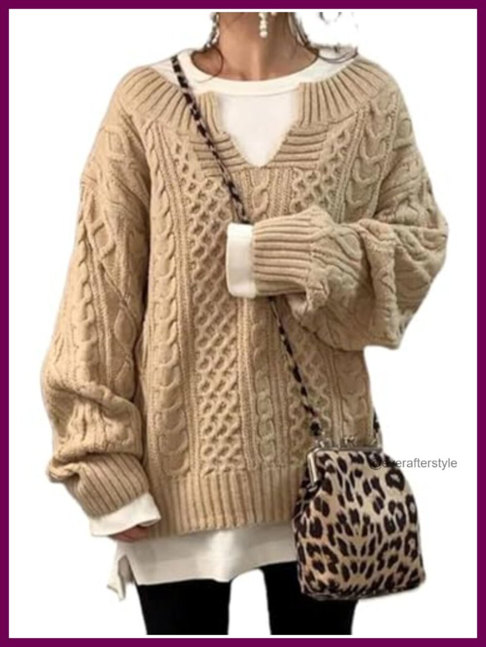 Women's Chunky Cable Knit Loose V-Neck Long Sleeve Pullover Sweater